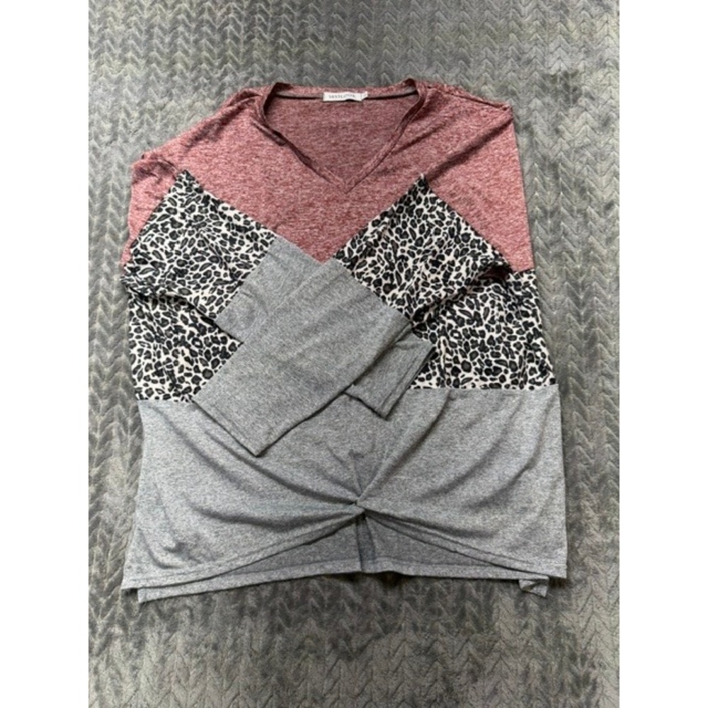 Misslook Women Colorblock Leopard Print Twist Knot V-Neck Top L 0627
